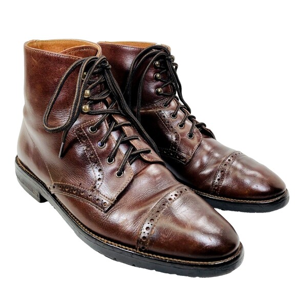 Florsheim Vtg Ankle Boots Brogue Cap Toe Brown Leather 8.5 Italy 30878 Preppy - Picture 1 of 16